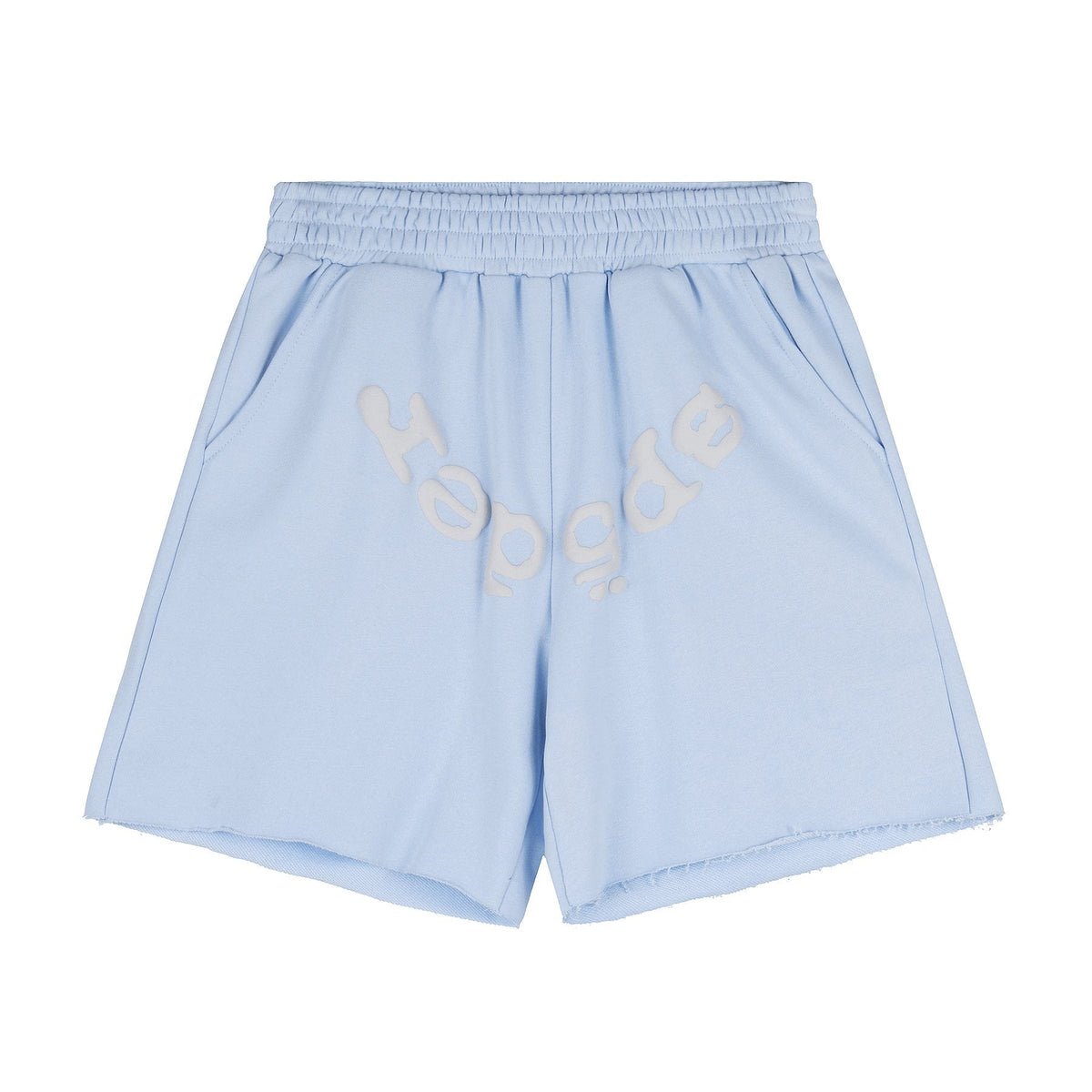 Sp5der Curved Wordmark Raw-Hem Shorts — front